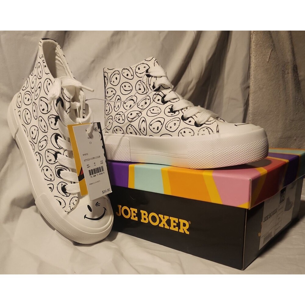 NWT Joe Boxer size 13 Kids Smiley Face Hi-Top Canvas Shoes White/Black